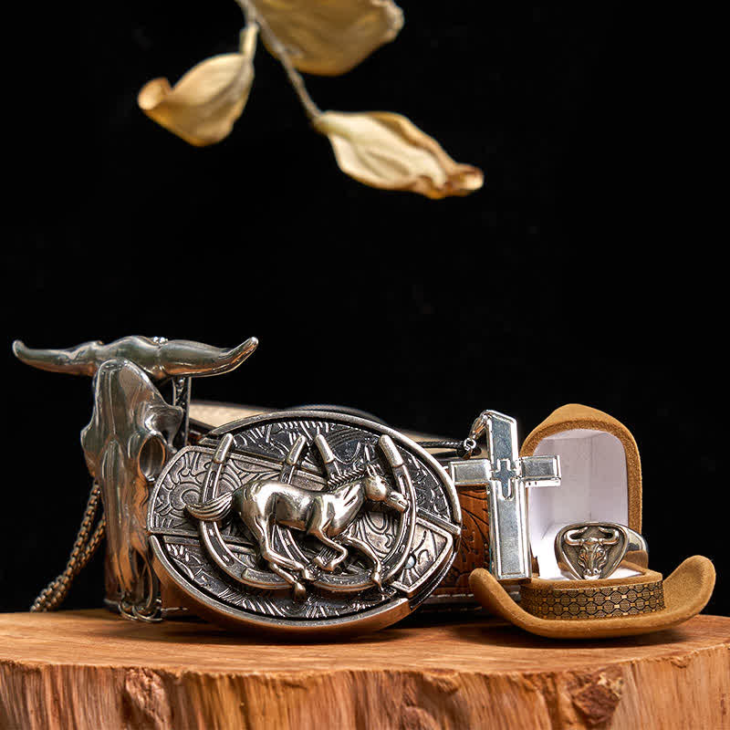 Set di anelli con ciondolo a forma di toro, collana con croce e fibbia per cintura con coltello nascosto a forma di cavallo fai da te - Cavallo - Cintura intagliata turchese - 42 - image 5
