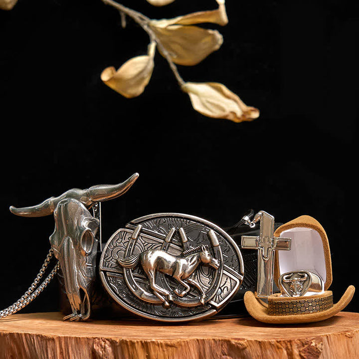 Set di anelli con ciondolo a forma di toro, collana con croce e fibbia per cintura con coltello nascosto a forma di cavallo fai da te - Cavallo - Cintura con aquila in rilievo nera - 42 - image 0