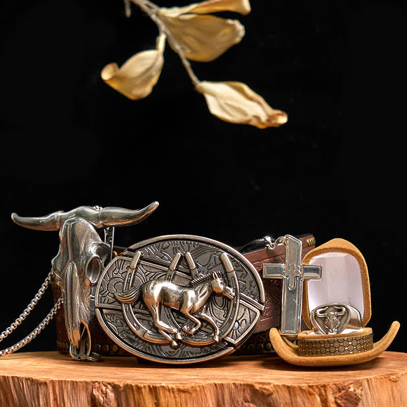 Set di anelli con ciondolo a forma di toro, collana con croce e fibbia per cintura con coltello nascosto a forma di cavallo fai da te - Cavallo - Cintura con rivetti marroni - 42 - image 6