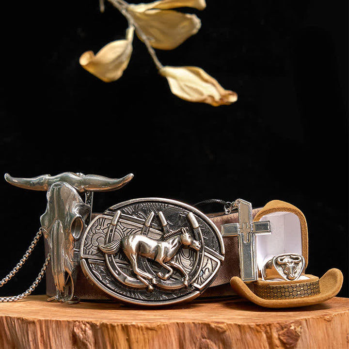 Set di anelli con ciondolo a forma di toro, collana con croce e fibbia per cintura con coltello nascosto a forma di cavallo fai da te - Cavallo - Cintura marrone anticata - 42 - image 7