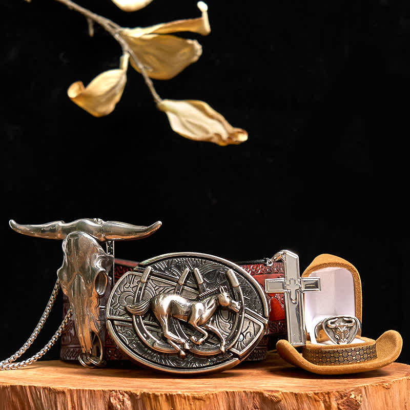 Set di anelli con ciondolo a forma di toro, collana con croce e fibbia per cintura con coltello nascosto a forma di cavallo fai da te - Cavallo - Cintura marrone intagliata - 42 - image 8