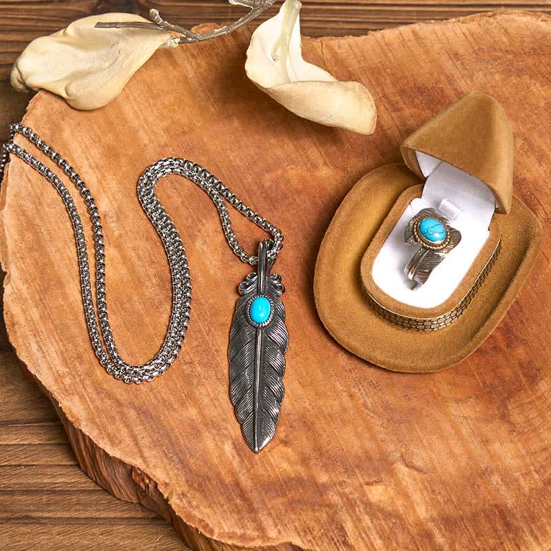 Set di anelli con collana e piuma turchese fai da te con fibbia per cintura con coltello nascosto Angle Wing - image 3