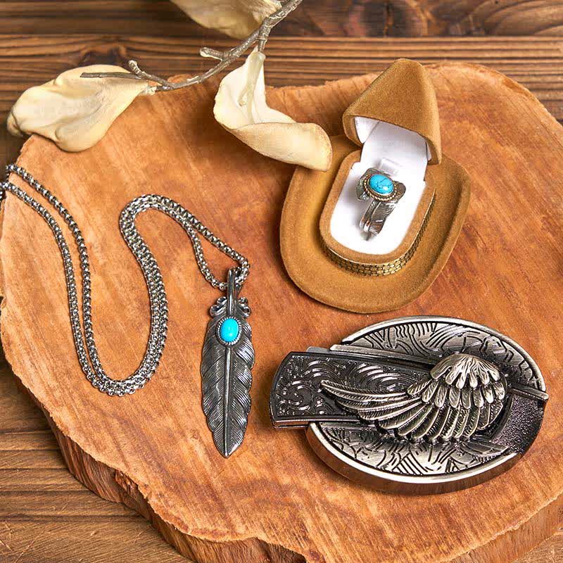 Set di anelli con collana e piuma turchese fai da te con fibbia per cintura con coltello nascosto Angle Wing - Ali - Senza cintura - Cintura non inclusa - image 1