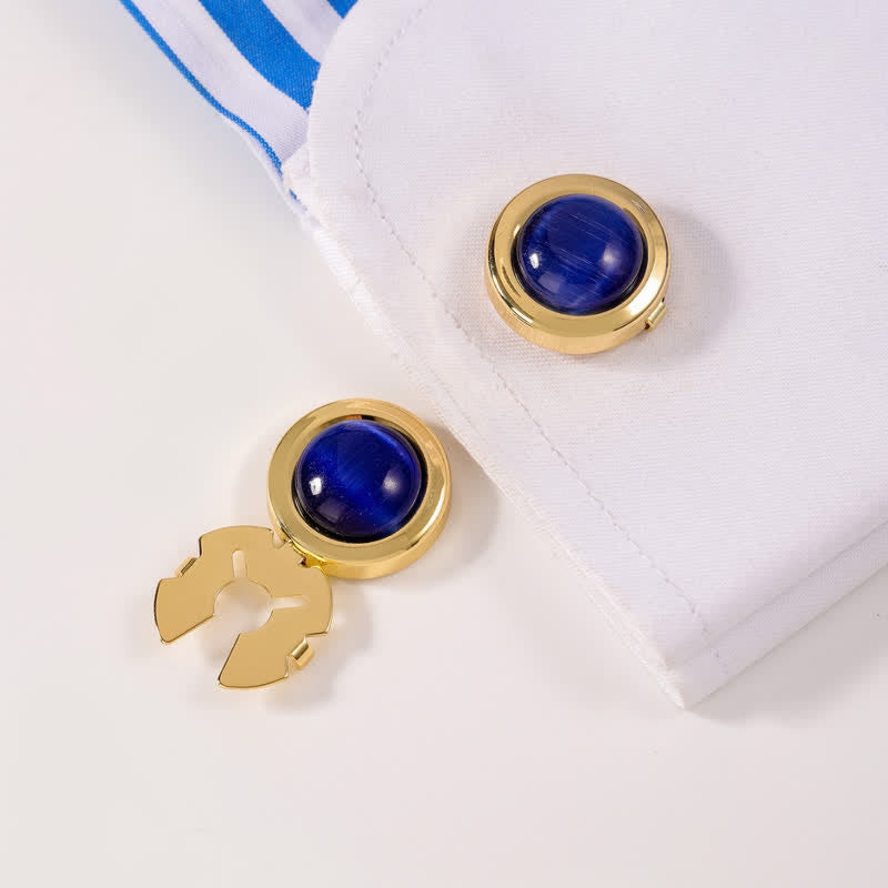 Gemelli da uomo, 1 paio, con bottoni a pressione e pietra occhio di gatto - Blu e oro - image 1