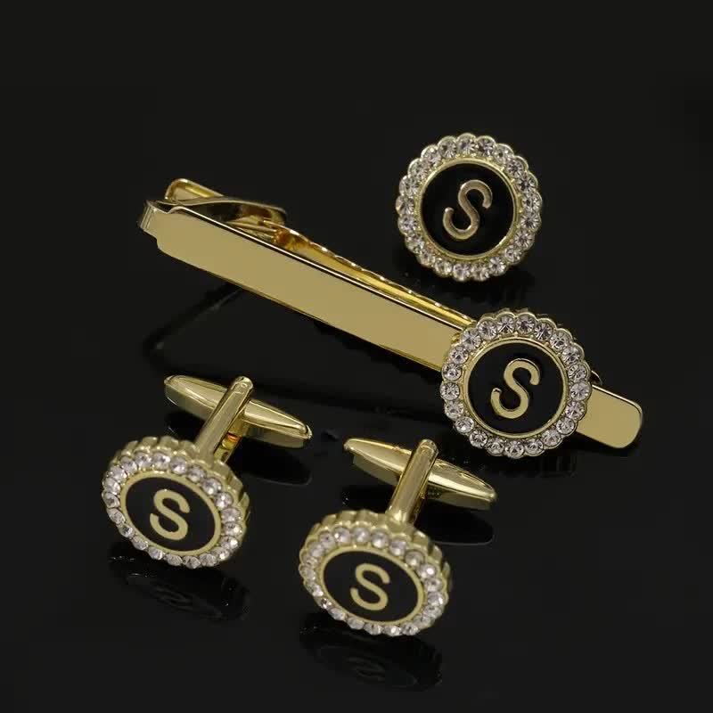 Set di 3 gemelli con spilla fermacravatta e lettere maiuscole in oro da uomo, 26 pezzi - S - image 18