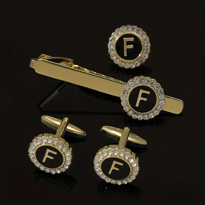 Set di 3 gemelli con spilla fermacravatta e lettere maiuscole in oro da uomo, 26 pezzi - F - image 5