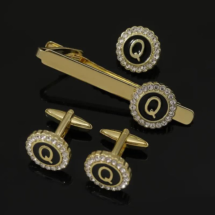 Set di 3 gemelli con spilla fermacravatta e lettere maiuscole in oro da uomo, 26 pezzi - Q - image 16