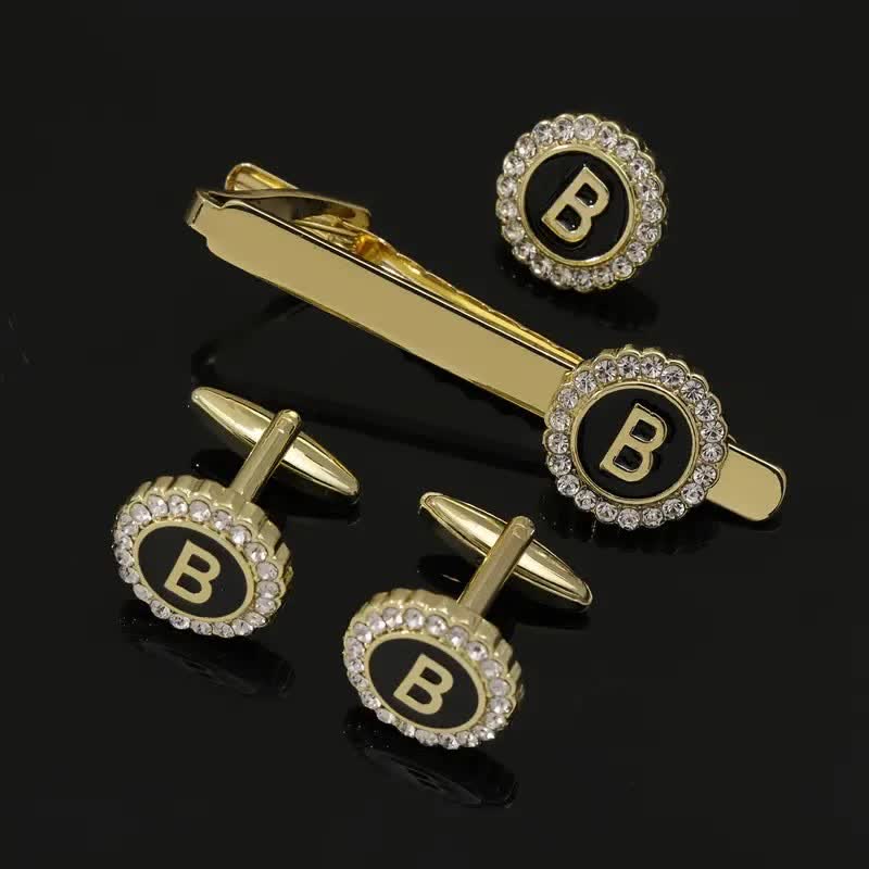Set di 3 gemelli con spilla fermacravatta e lettere maiuscole in oro da uomo, 26 pezzi - B - image 1
