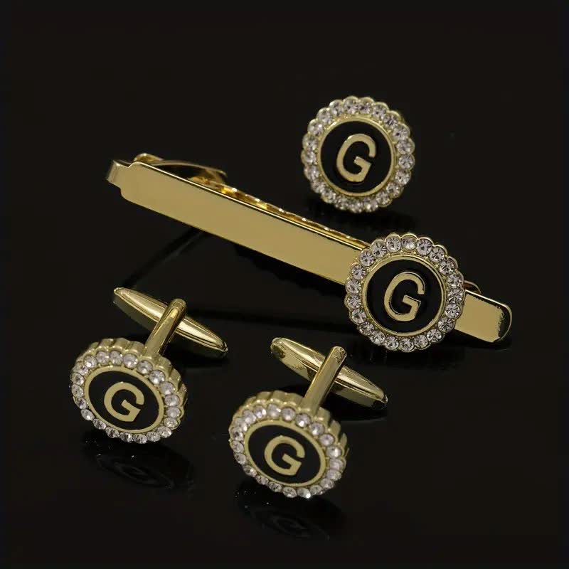 Set di 3 gemelli con spilla fermacravatta e lettere maiuscole in oro da uomo, 26 pezzi - G - image 6