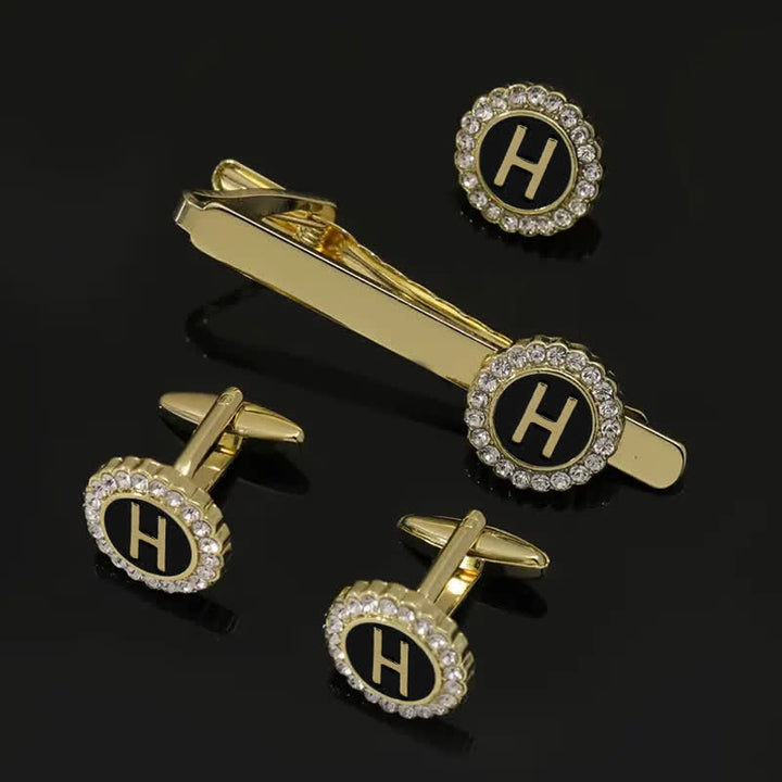 Set di 3 gemelli con spilla fermacravatta e lettere maiuscole in oro da uomo, 26 pezzi - H - image 7