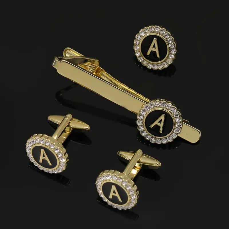 Set di 3 gemelli con spilla fermacravatta e lettere maiuscole in oro da uomo, 26 pezzi - A - image 0