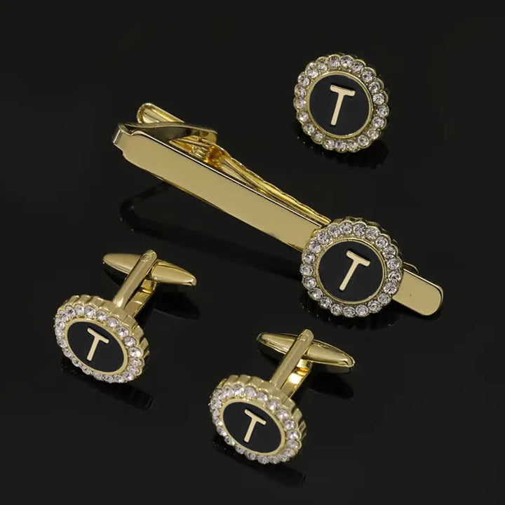 Set di 3 gemelli con spilla fermacravatta e lettere maiuscole in oro da uomo, 26 pezzi - T - image 19