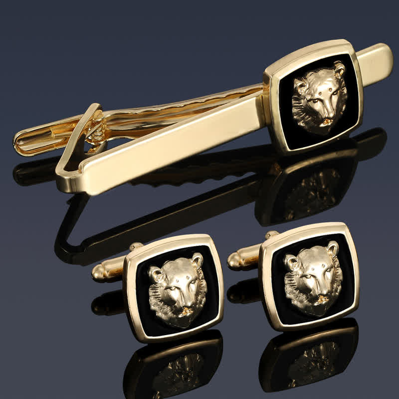 Set di 2 gemelli con fermacravatta a forma di tigre nera e oro da uomo - image 1