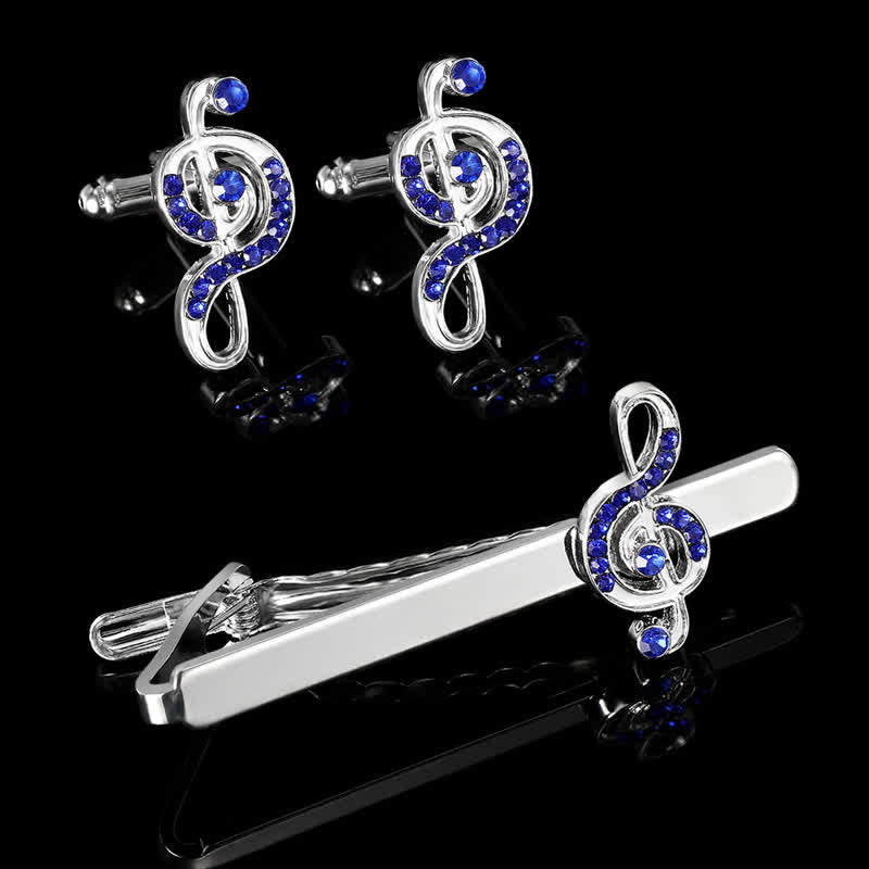 Set di 2 gemelli con fermacravatta a forma di nota musicale in argento da uomo - Blu e argento - image 0