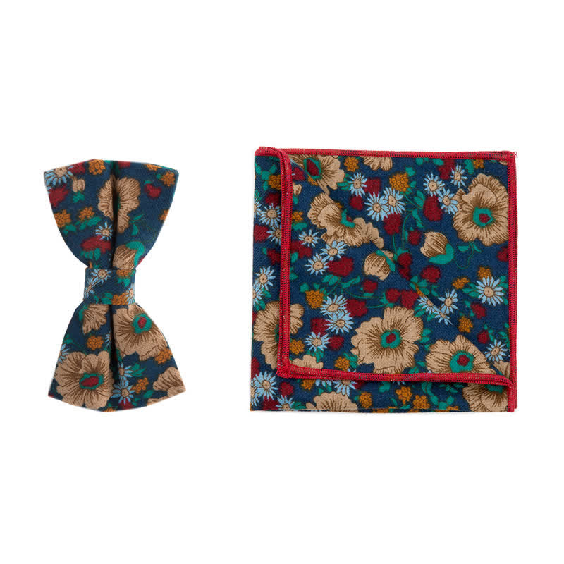 Set di 2 fazzoletti e papillon in cotone con motivo floreale da uomo - Blu - Papillon + Sciarpa Quadrata - image 3