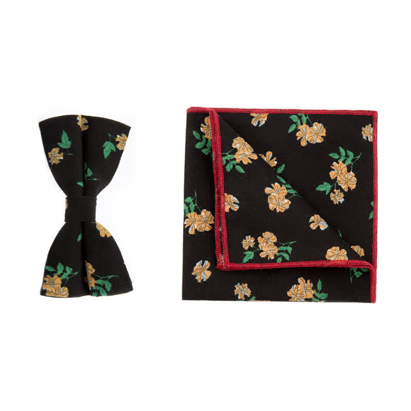 Set di 2 fazzoletti e papillon in cotone con motivo floreale da uomo - Nero e arancione - Papillon + Sciarpa Quadrata - image 1