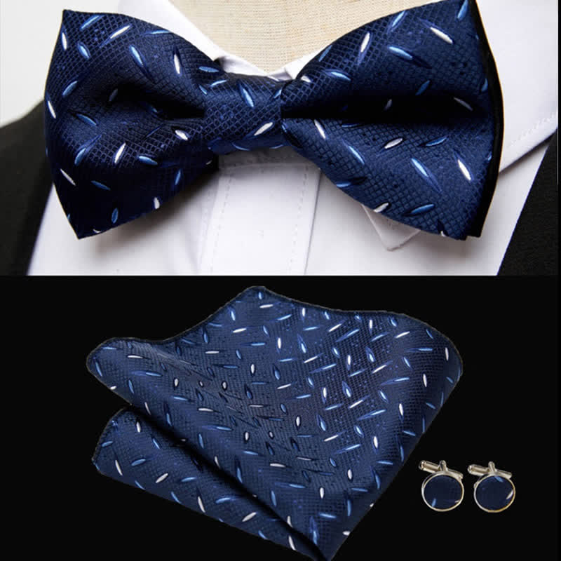 Set di 3 gemelli da taschino con fiocco a righe blu navy da uomo - image 1