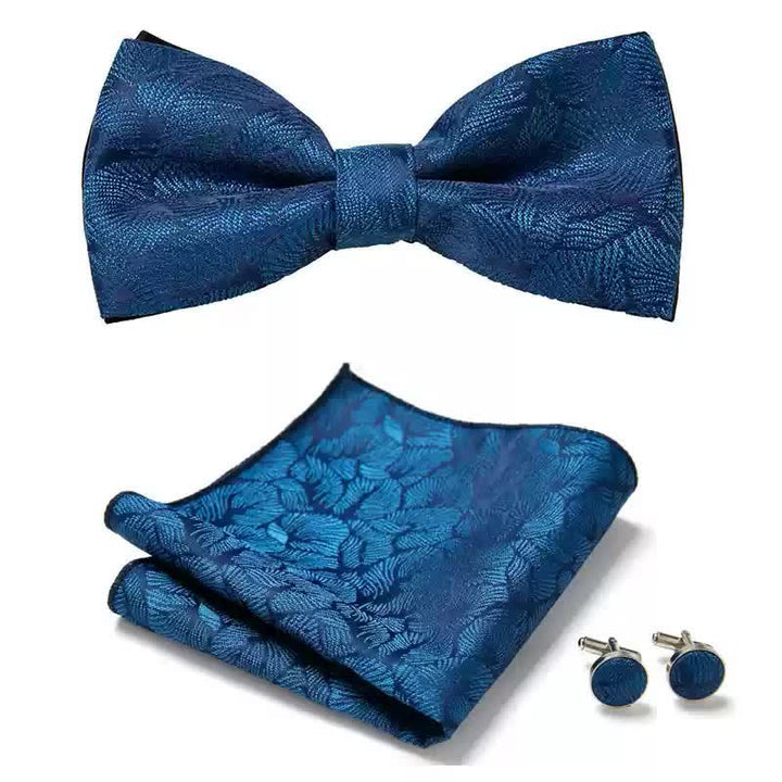 Set di 3 gemelli da taschino con papillon e foglie di palma blu da uomo - Blu e verde - image 0