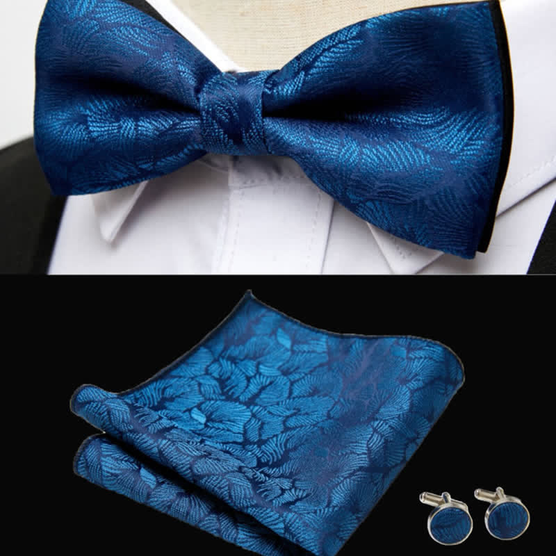 Set di 3 gemelli da taschino con papillon e foglie di palma blu da uomo - image 1