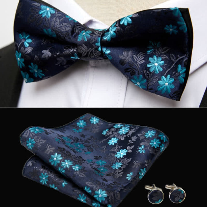 Set di 3 gemelli da taschino con papillon e fiori blu notte da uomo - image 1