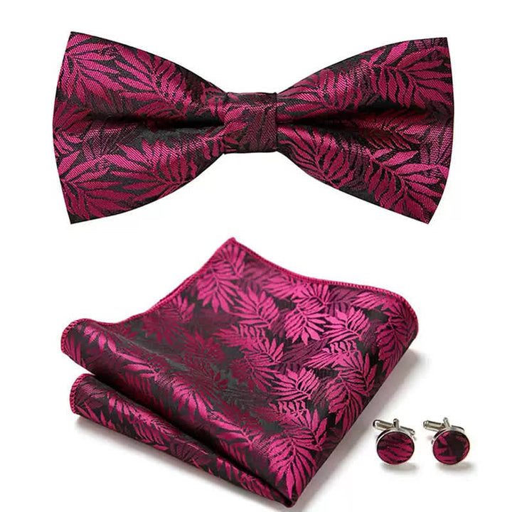 Set di 3 gemelli da taschino con papillon e foglie fucsia da uomo - Fucsia - image 0