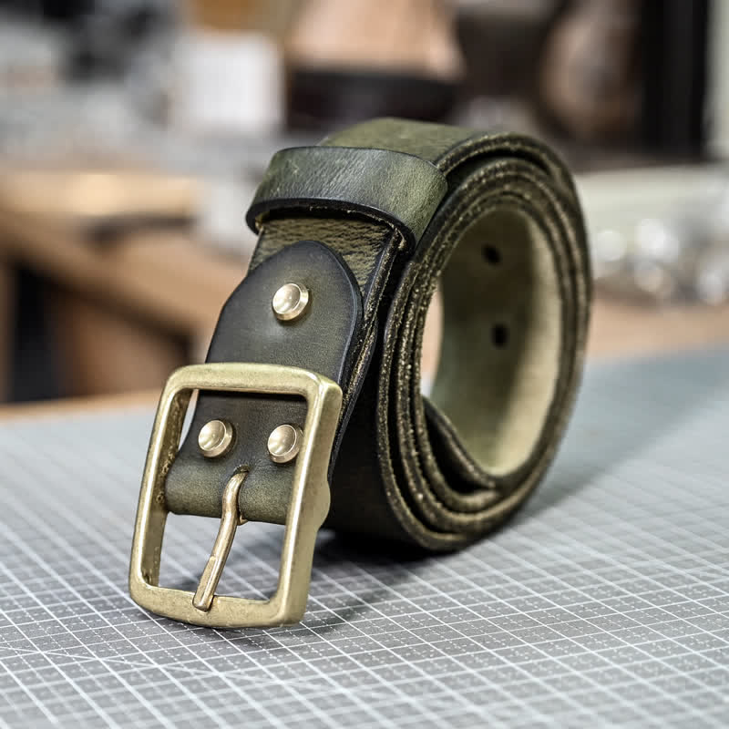 Cintura casual in pelle invecchiata fatta a mano con fibbia in ottone - Verde militare - 42 - image 0