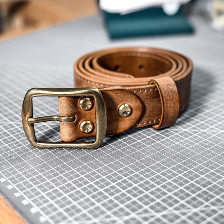 Cintura in pelle con fibbia in ottone anticato e cuciture fatte a mano, stile retrò. - image 1