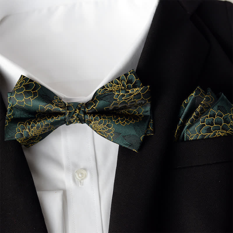 Set di 2 papillon a doppio strato con fazzoletto da taschino elegante da uomo con motivo floreale