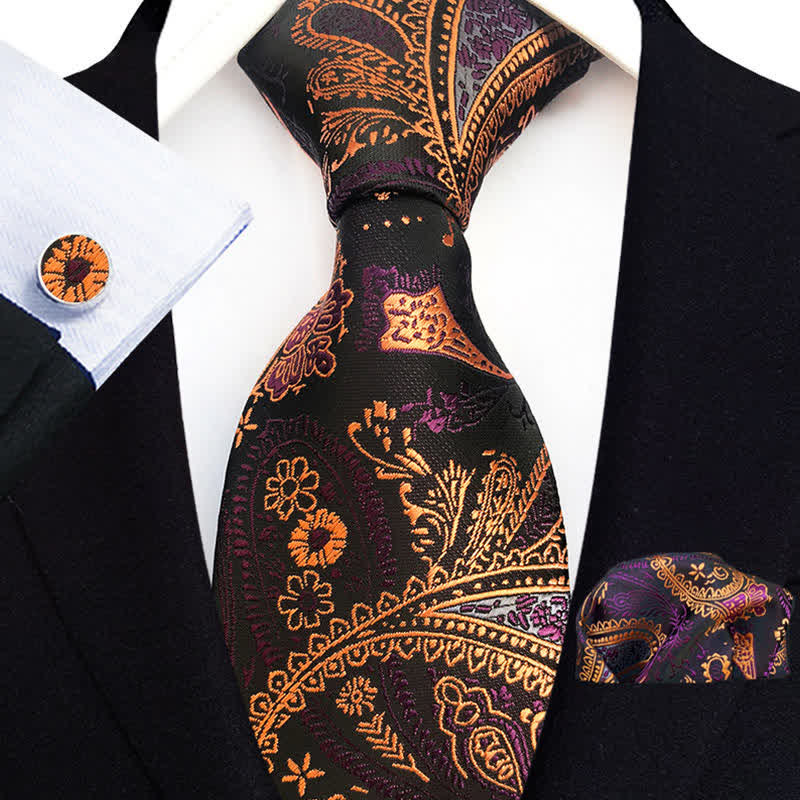 Set di 3 cravatte da uomo con fiori Paisley arancioni, oro e viola - Arancione Oro e Viola - image 0