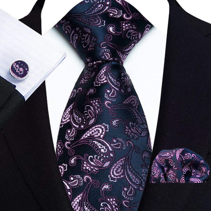 Set di 3 cravatte da uomo con motivo Paisley sottile viola e blu navy - Viola e blu navy - image 0