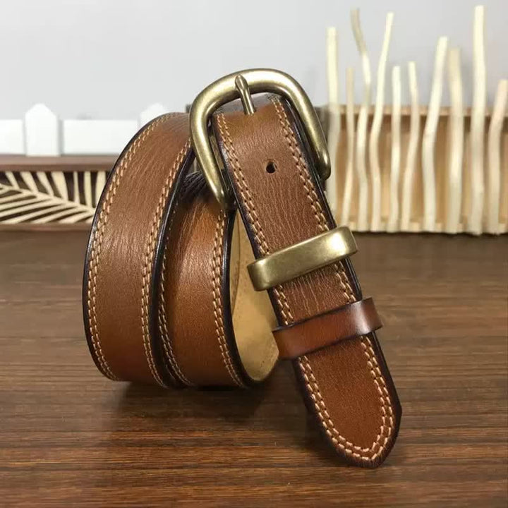 Cintura stretta in pelle con fibbia in ottone e doppia cucitura da donna - image 3