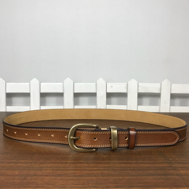 Cintura stretta in pelle con fibbia in ottone e doppia cucitura da donna - image 5