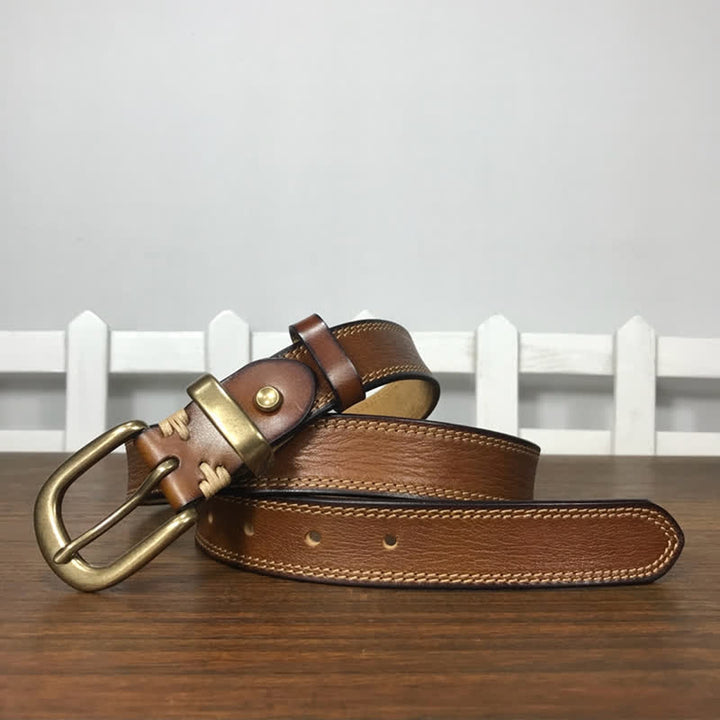 Cintura stretta in pelle con fibbia in ottone e doppia cucitura da donna - image 4