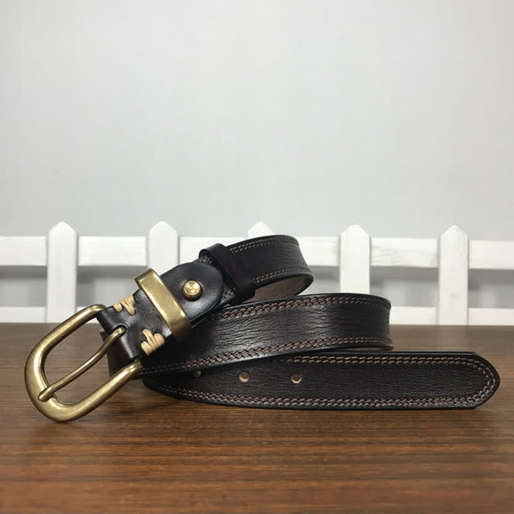 Cintura stretta in pelle con fibbia in ottone e doppia cucitura da donna - image 9