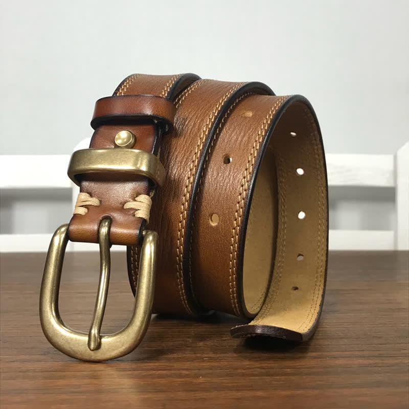 Cintura stretta in pelle con fibbia in ottone e doppia cucitura da donna - image 2