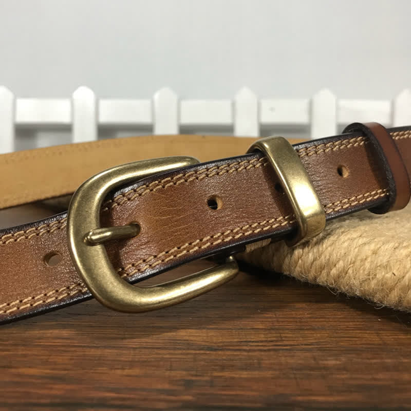 Cintura stretta in pelle con fibbia in ottone e doppia cucitura da donna - image 6