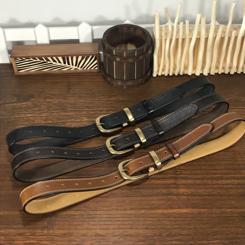 Cintura stretta in pelle con fibbia in ottone e doppia cucitura da donna - image 1