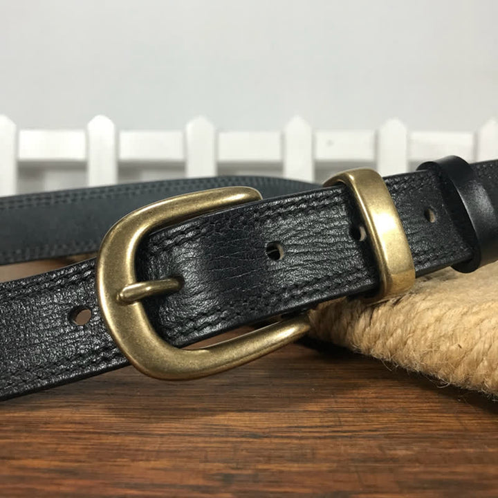 Cintura stretta in pelle con fibbia in ottone e doppia cucitura da donna - image 16