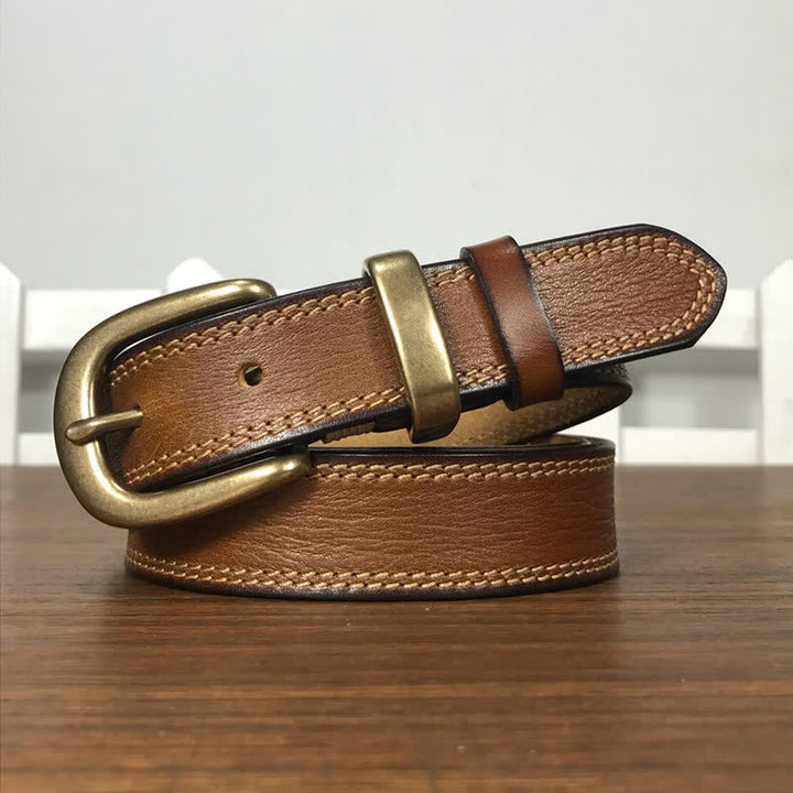 Cintura stretta in pelle con fibbia in ottone e doppia cucitura da donna - Arancione Marrone - 36 - image 0