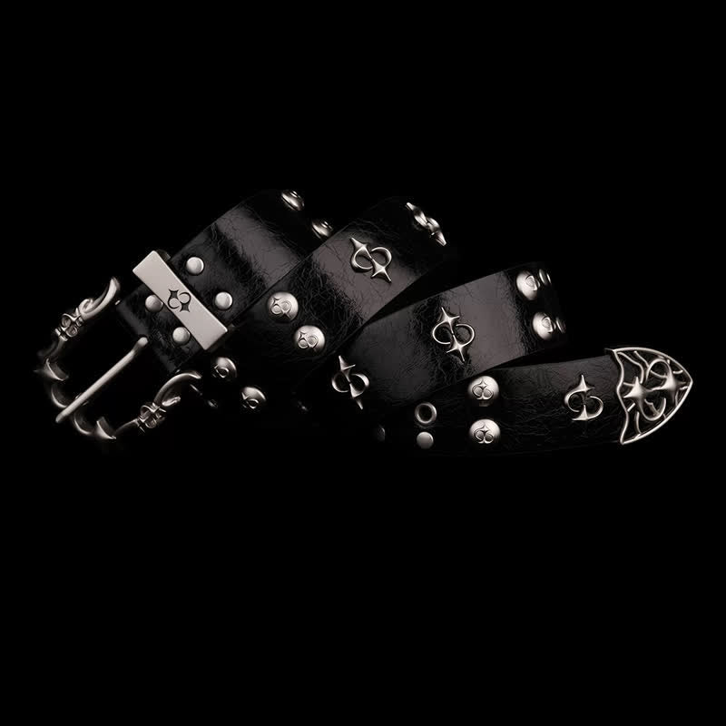 Cintura in pelle nera da motociclista con design punk silver rivets - Nero - 38 - image 0