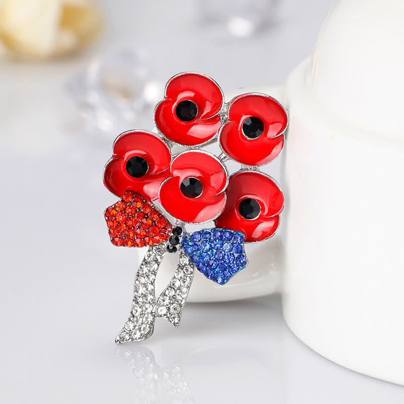 Spilla a forma di fiore con fiocco e strass a forma di cinque papaveri rossi - image 3