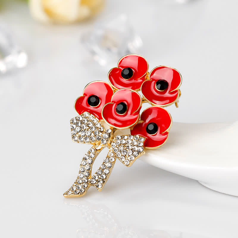 Spilla a forma di fiore con fiocco e strass a forma di cinque papaveri rossi - image 1
