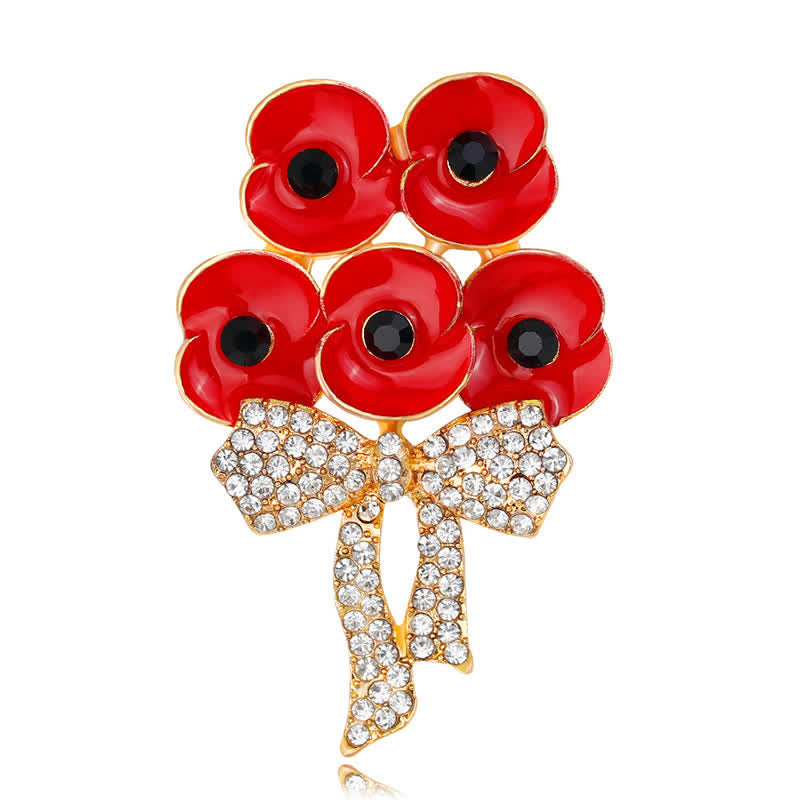 Spilla a forma di fiore con fiocco e strass a forma di cinque papaveri rossi - Oro - image 0
