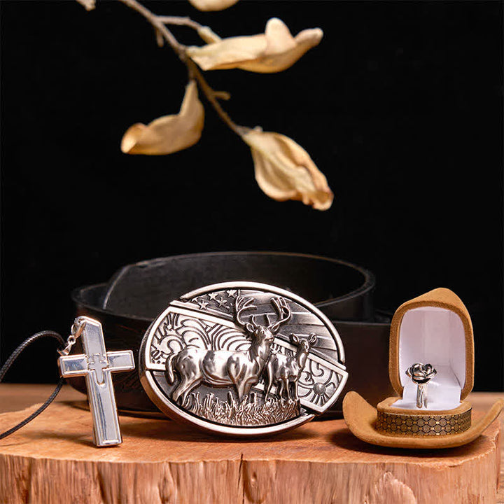 Set creativo fai da te con fibbia per cintura, coltello nascosto a forma di cervo, collana con croce, anello con rosa - Cervo - Cintura con aquila in rilievo nera - 42 - image 0