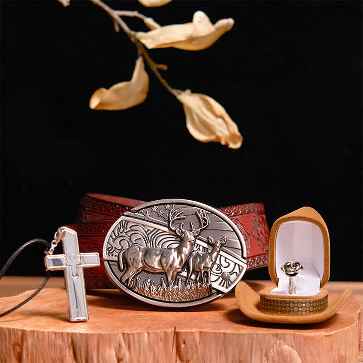 Set creativo fai da te con fibbia per cintura, coltello nascosto a forma di cervo, collana con croce, anello con rosa - Cervo - Cintura marrone intagliata - 42 - image 8