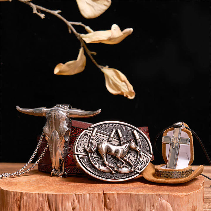Set di collana con ciondolo a forma di croce, cavallo al galoppo fai da te, coltello nascosto, fibbia per cintura - Cavallo - Cintura marrone intagliata - 42 - image 9