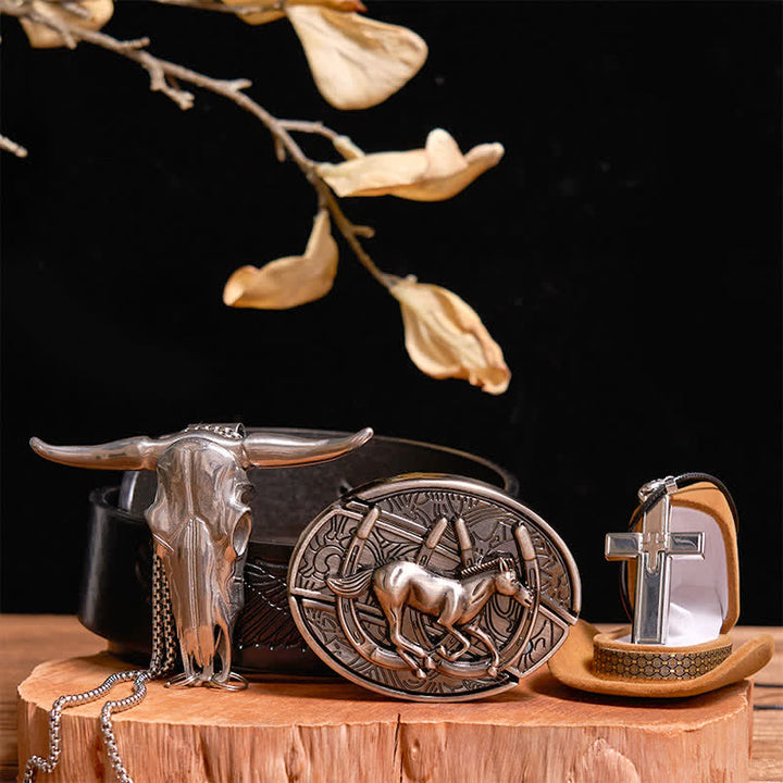 Set di collana con ciondolo a forma di croce, cavallo al galoppo fai da te, coltello nascosto, fibbia per cintura - Cavallo - Cintura con aquila in rilievo nera - 42 - image 0