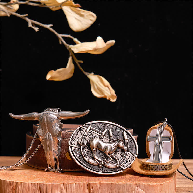 Set di collana con ciondolo a forma di croce, cavallo al galoppo fai da te, coltello nascosto, fibbia per cintura - Cavallo - Cintura marrone anticata - 42 - image 8