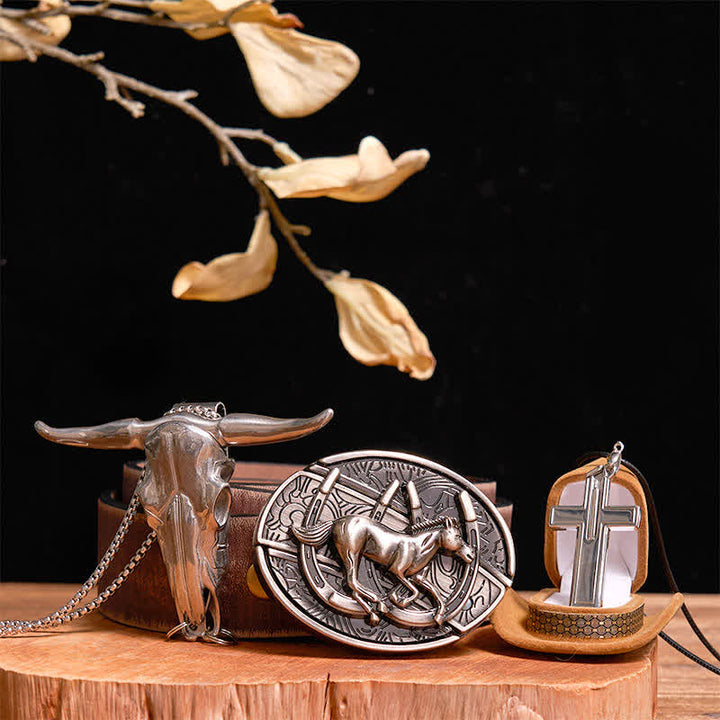 Set di collana con ciondolo a forma di croce, cavallo al galoppo fai da te, coltello nascosto, fibbia per cintura - Cavallo - Cintura marrone anticata - 42 - image 8