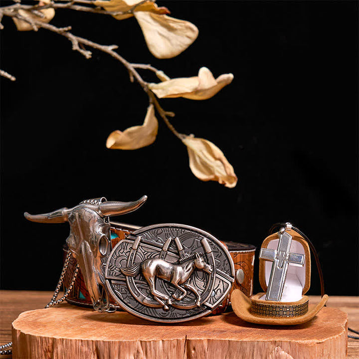 Set di collana con ciondolo a forma di croce, cavallo al galoppo fai da te, coltello nascosto, fibbia per cintura - Cavallo - Cintura intagliata turchese - 42 - image 6
